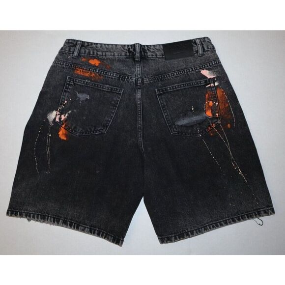 boohoo MAN MZZ89105 Men's Sz 32 Charcoal Relaxed Fit Painted Denim Shorts - Picture 2 of 5